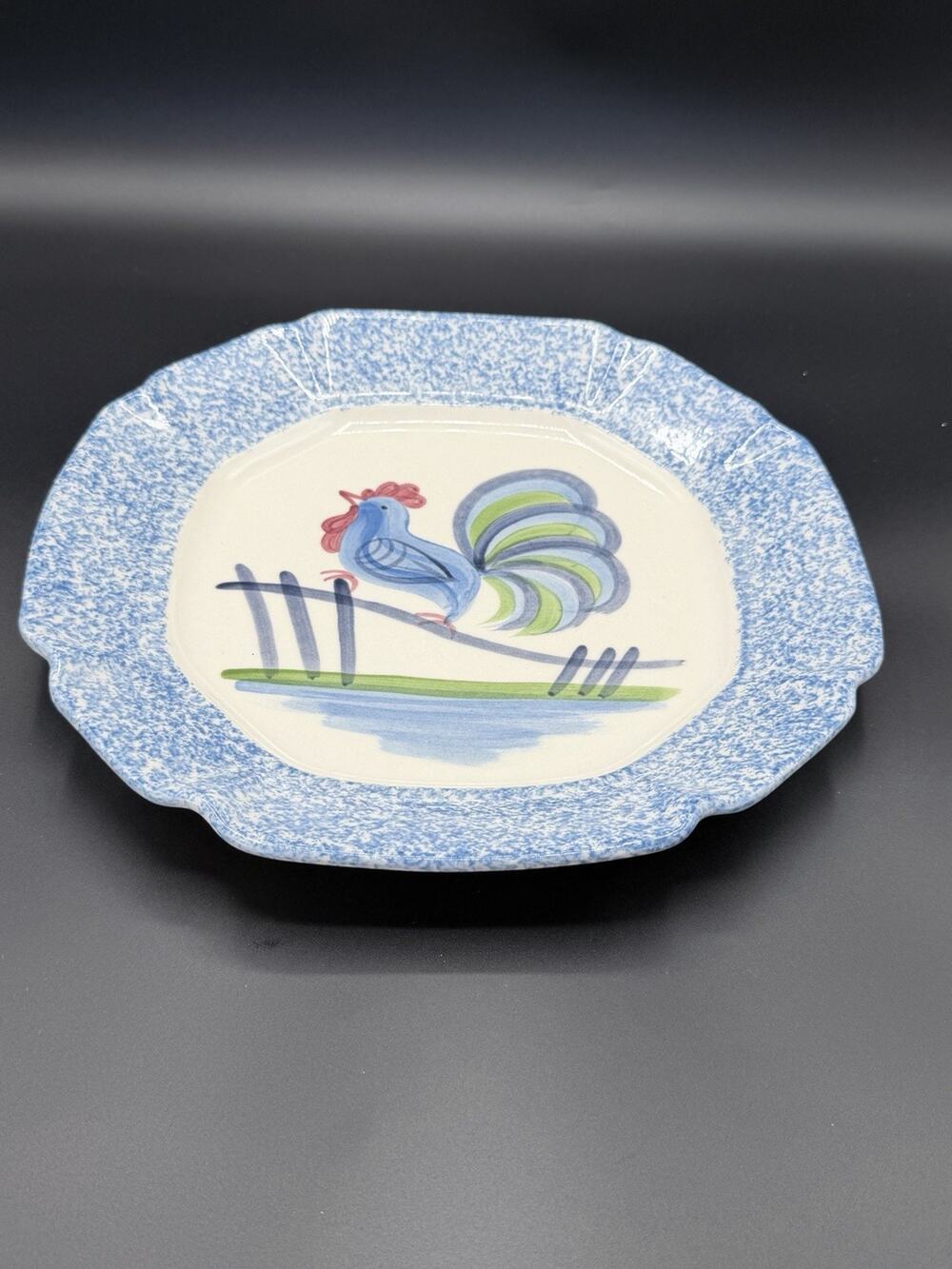 Vintage Rooster Chicken LA Pottery Blue Sponge Ware Dinner Plate Hand-painted